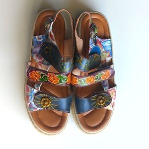 L'artiste Sandles ankle strap Size 6 (36) Yahima-Blum genuine leath floral blue